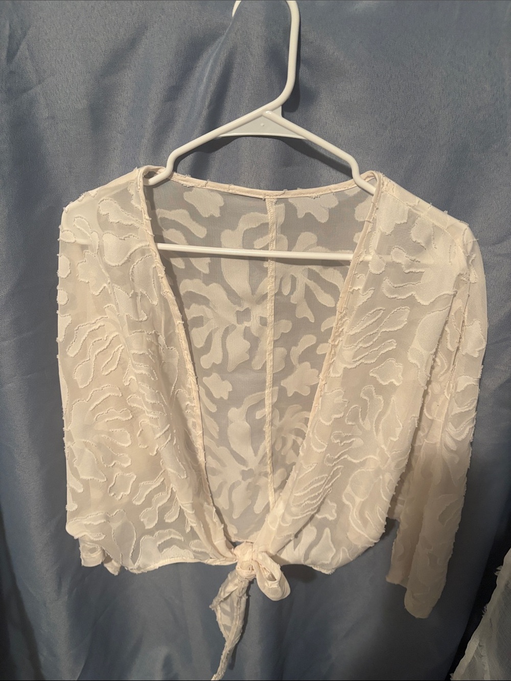 SHEIN Cream Sheer Textured Tie-Front Blouse
